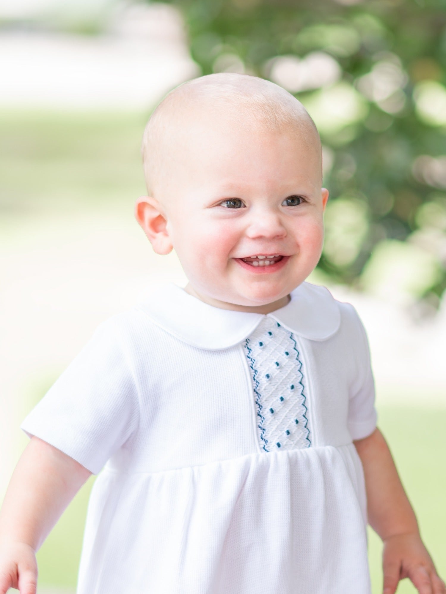 Oliver Hand Smocked Special Knit Bubble | White/Lt Blue