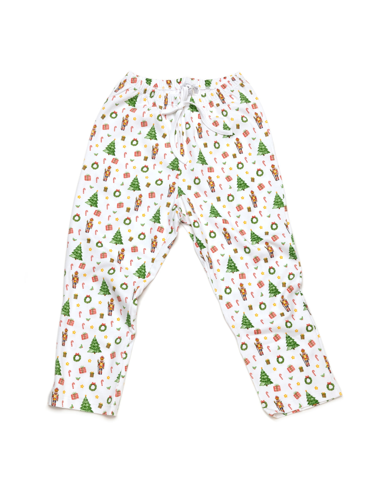 Christmas-themed pajama pants on a white background