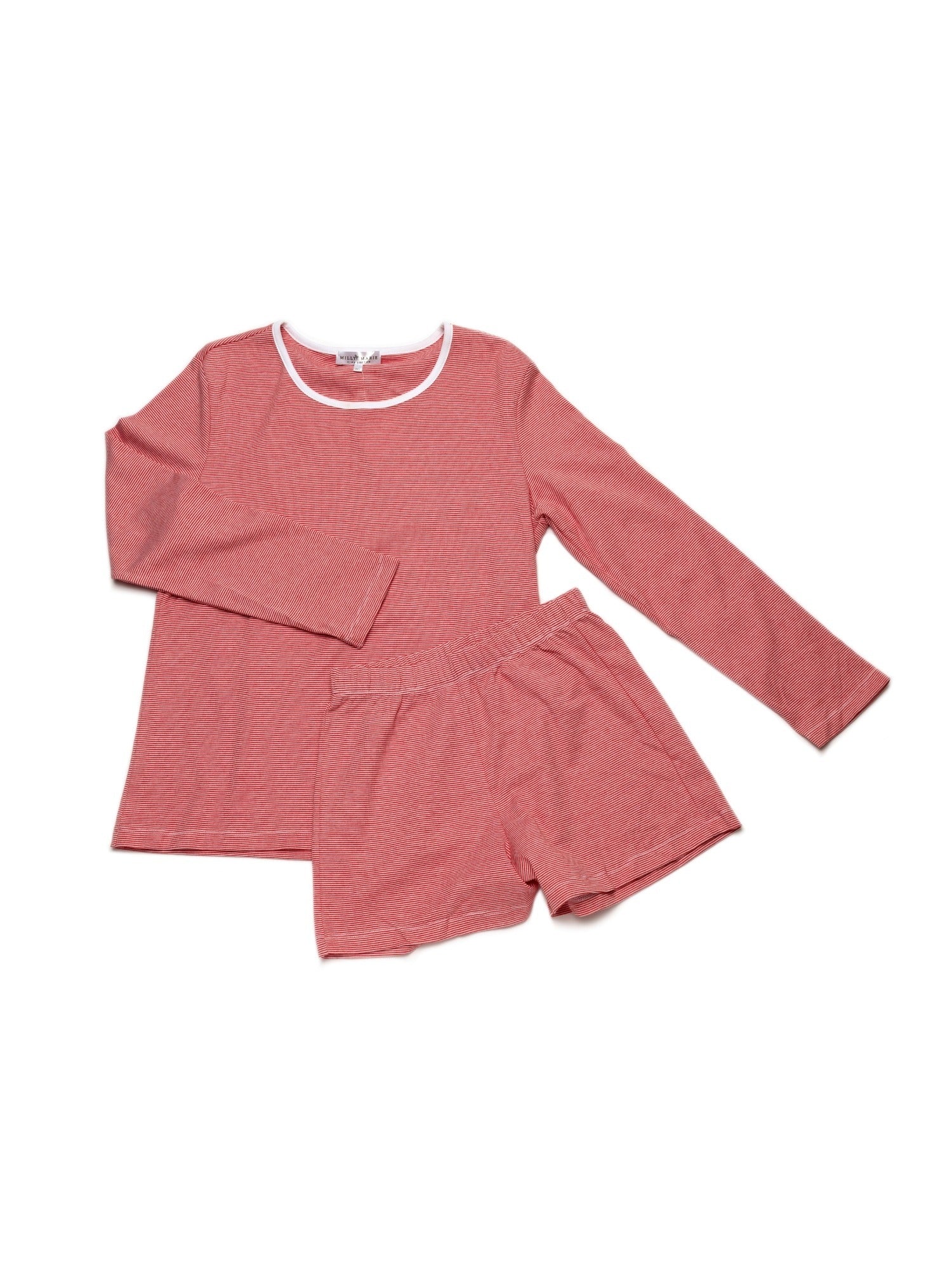 Women's Pima Long Sleeve Short Set - Red Mini Stripe