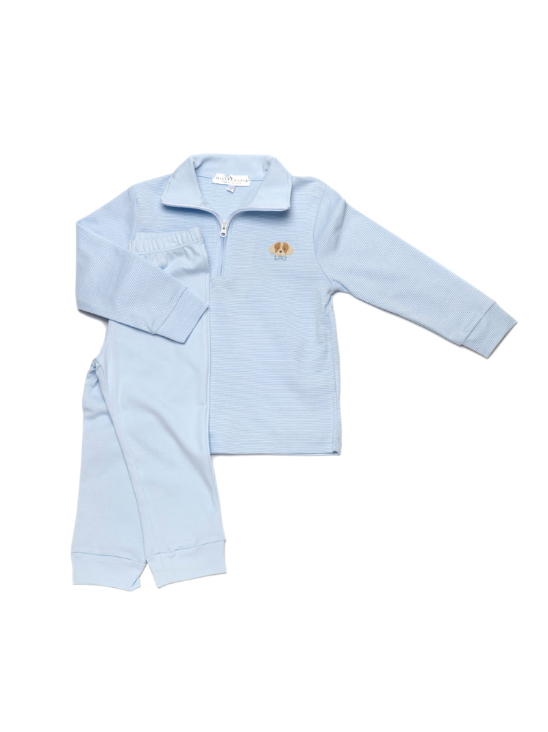 Light blue mini stripe children's jacket with half zipper and matching blue pants set on a white background