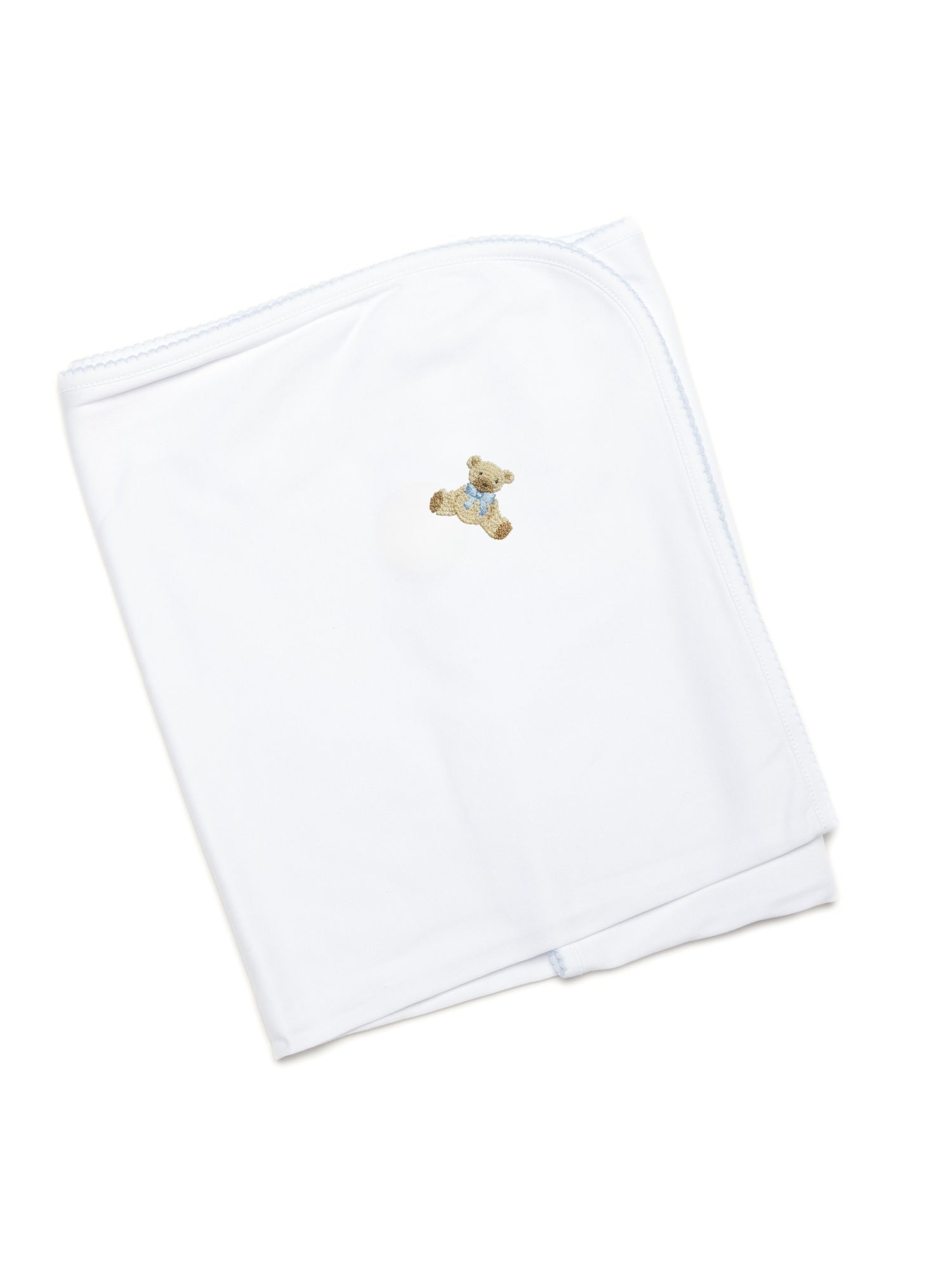 Blue Teddy Bear Pima Baby Blanket | White/Lt Blue