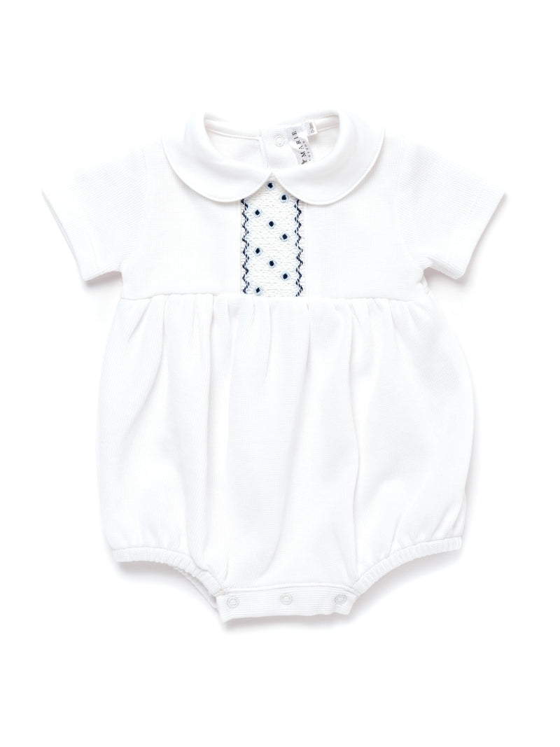 Oliver Hand Smocked Special Knit Bubble | White/Lt Blue
