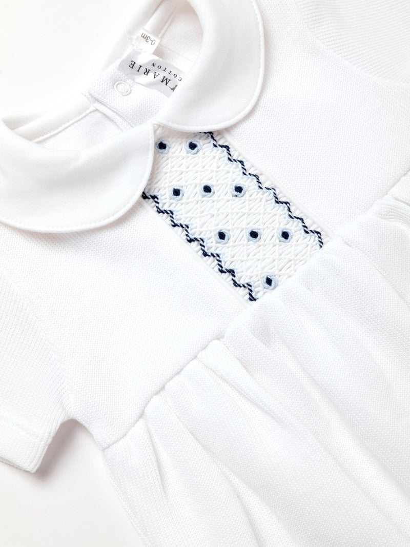 Oliver Hand Smocked Special Knit Bubble | White/Lt Blue
