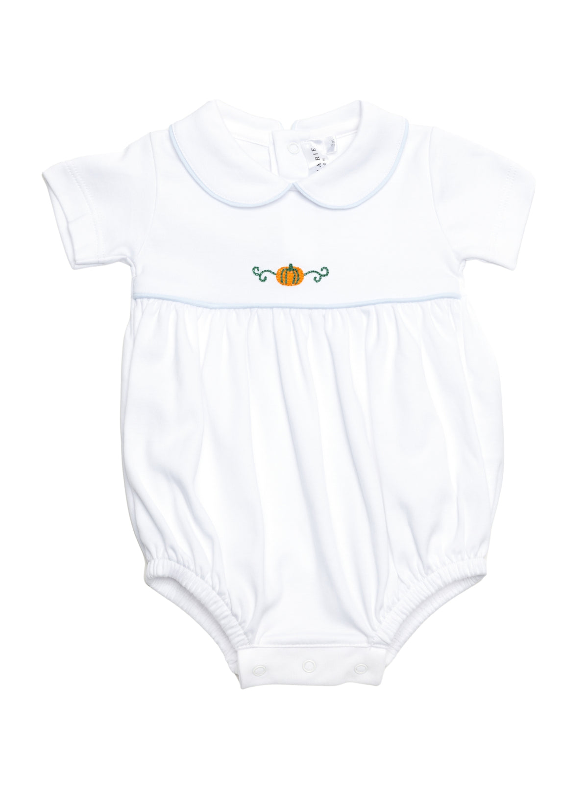 White baby romper with a small hand embroidered pumpkin design on a white background