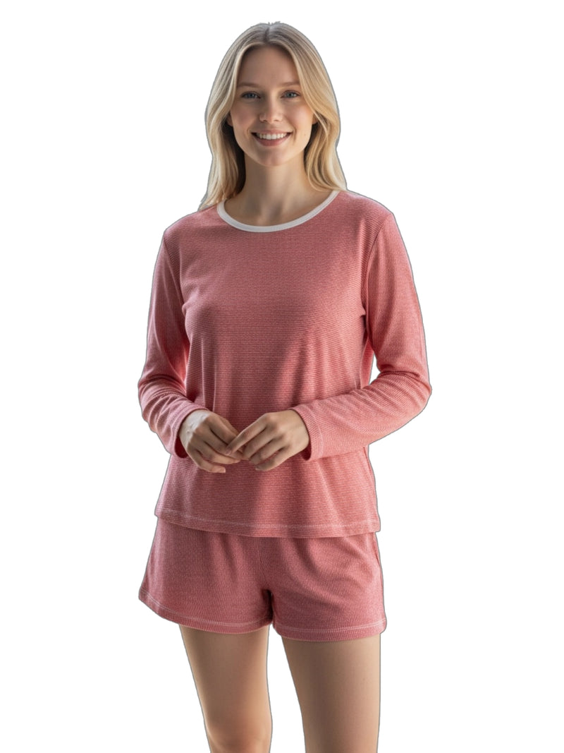 Women's Pima Long Sleeve Short Set | Red Mini Stripe