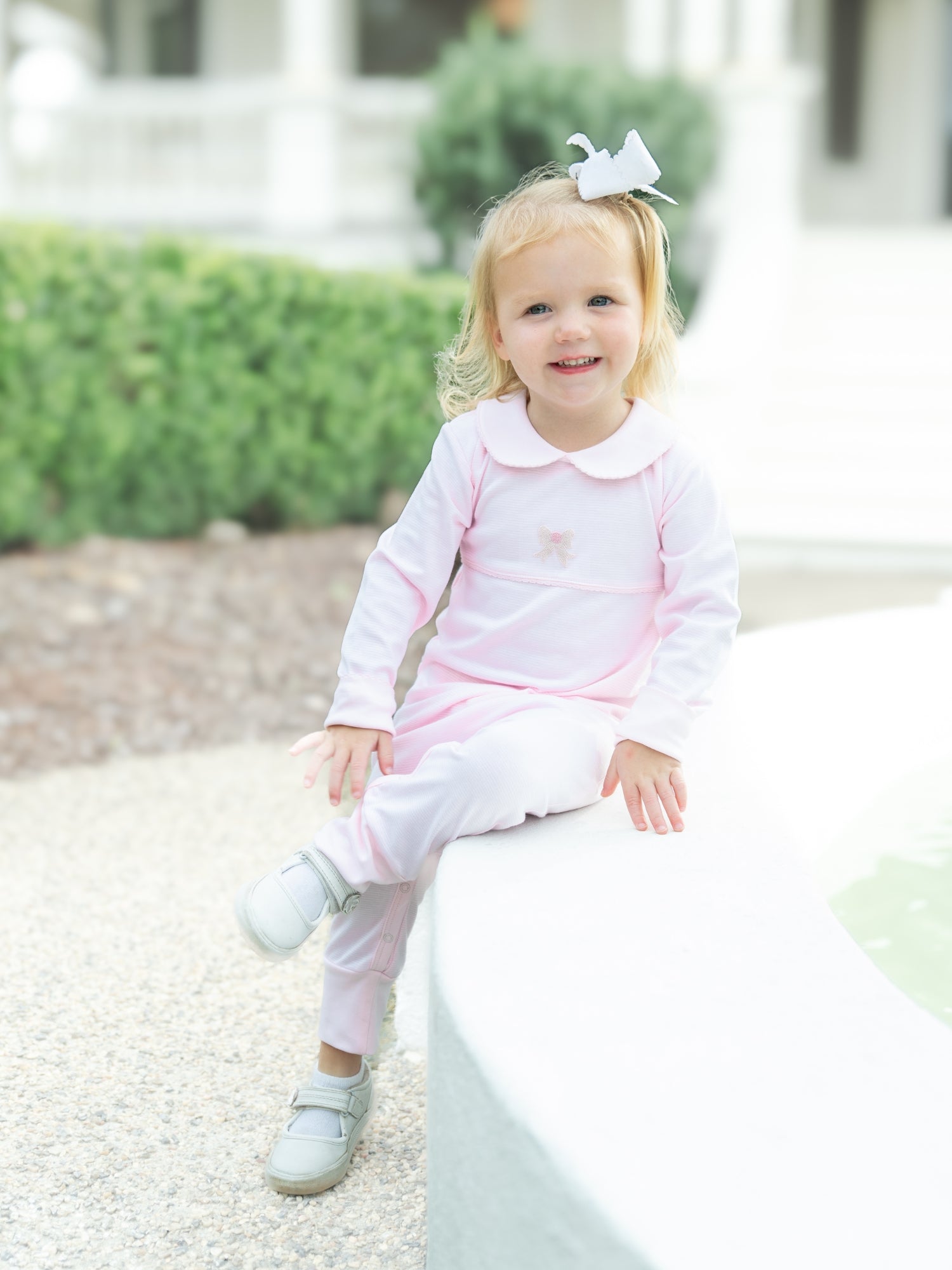 Classic Bow Pima Playsuit | Lt Pink Mini Stripe