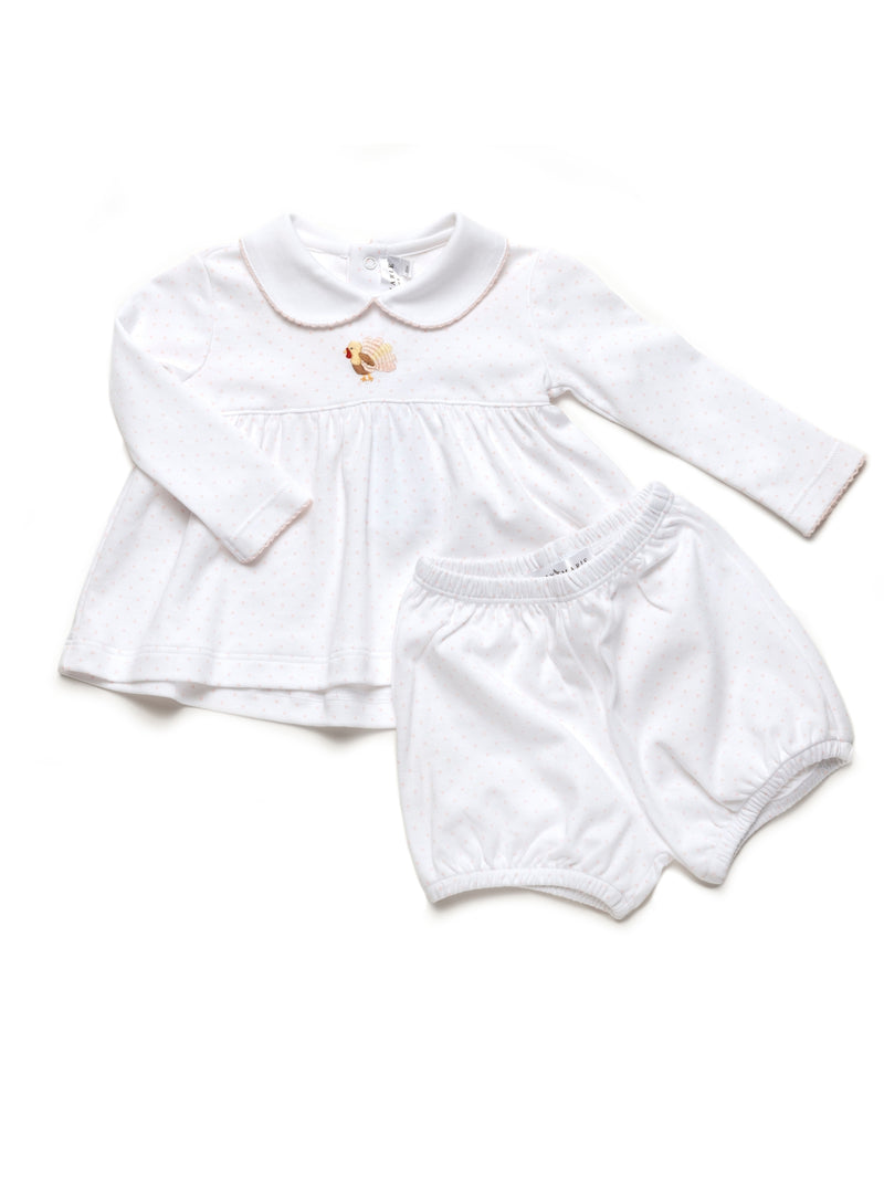 White with pink dots Pima cotton baby bloomer set with long sleeves and matching bloomers on a white background