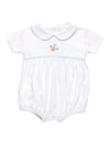 White blue dots Pima Cotton baby romper with embroidered turkey design on a white background