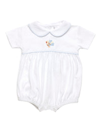 White blue dots Pima Cotton baby romper with embroidered turkey design on a white background