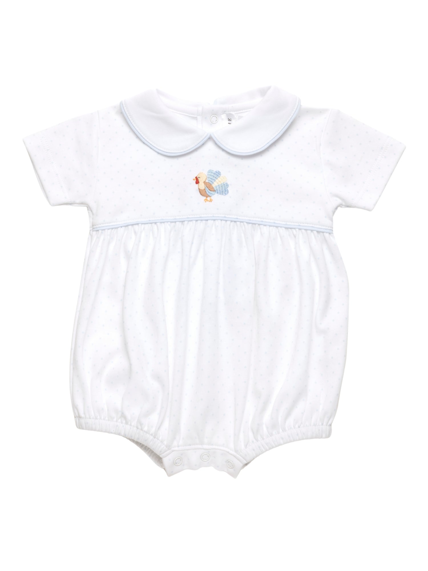 White blue dots Pima Cotton baby romper with embroidered turkey design on a white background