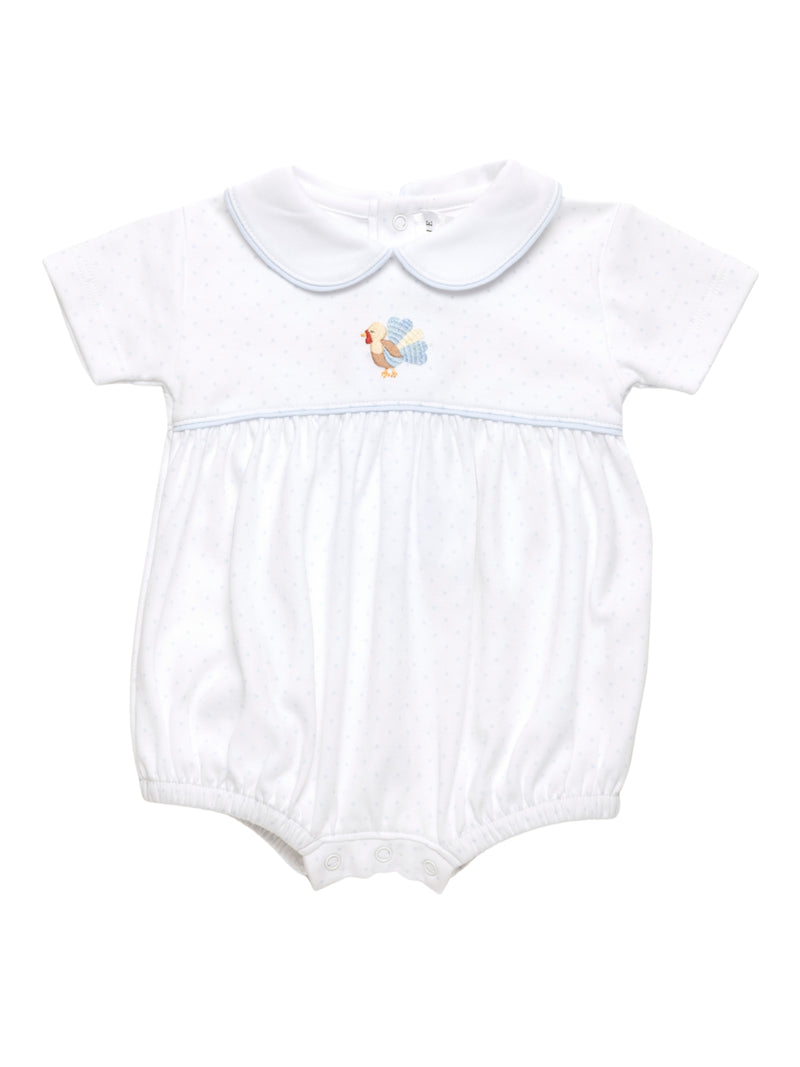 White blue dots Pima Cotton baby romper with embroidered turkey design on a white background