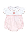 Baby romper with french knot pumpkin design with white top and pink striped bottom on a white background