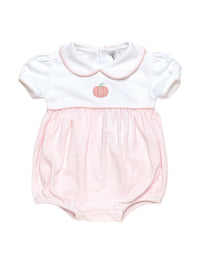 Baby romper with french knot pumpkin design with white top and pink striped bottom on a white background