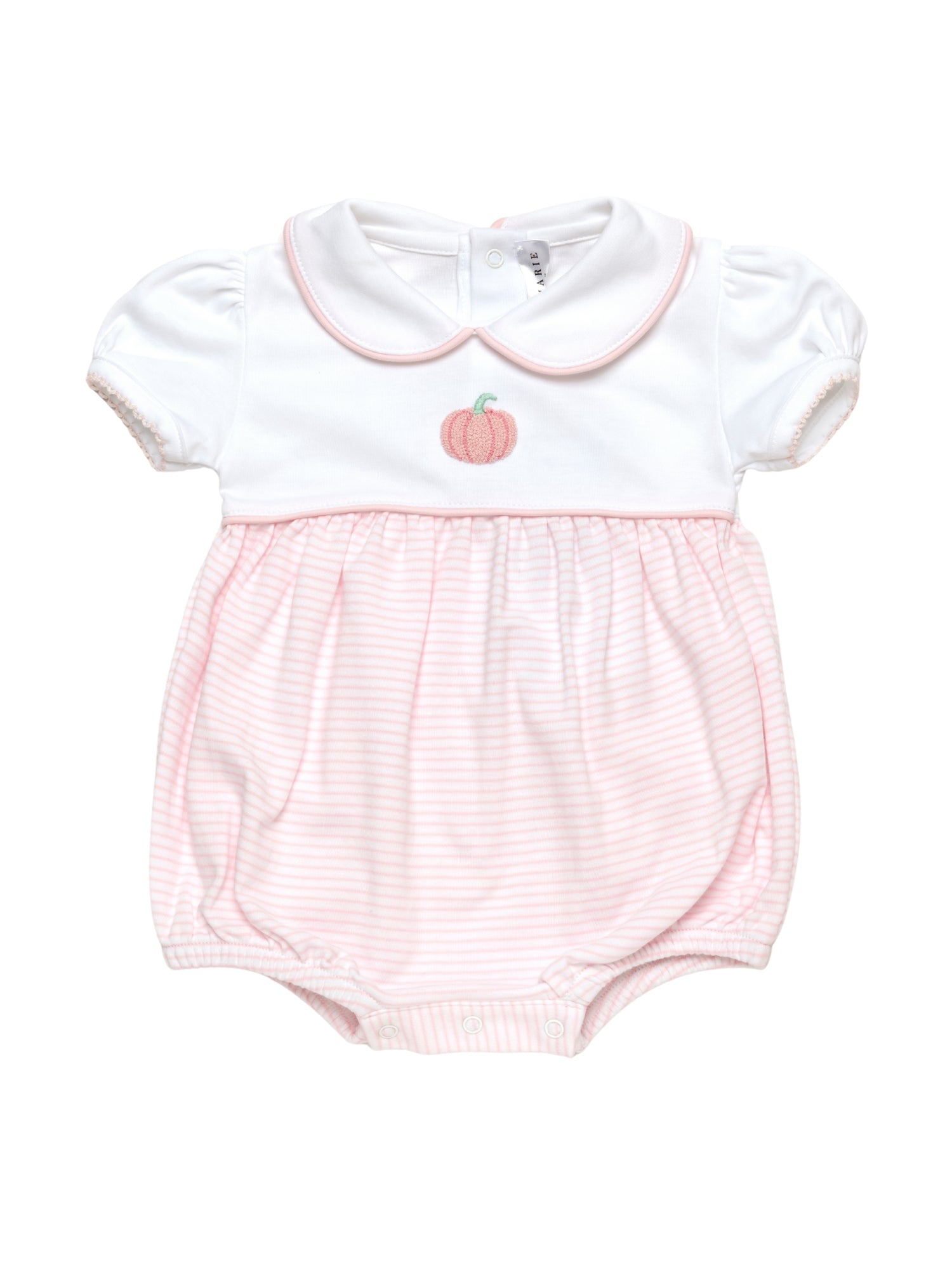 Baby romper with french knot pumpkin design with white top and pink striped bottom on a white background