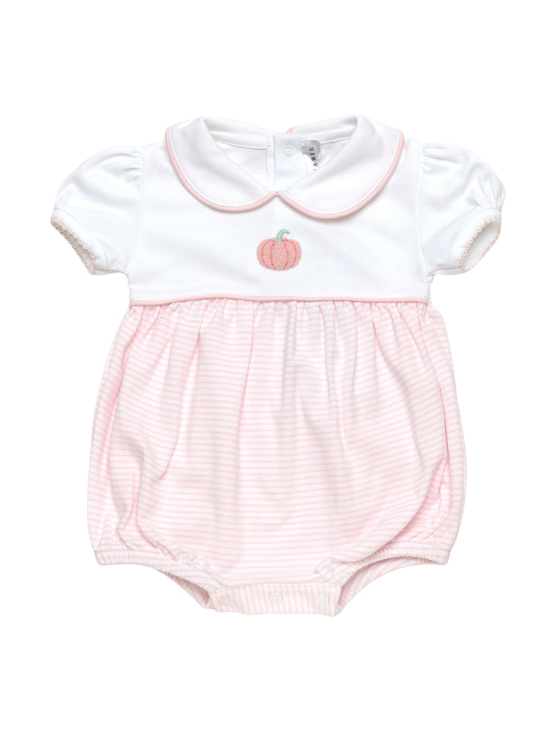 Baby romper with french knot pumpkin design with white top and pink striped bottom on a white background