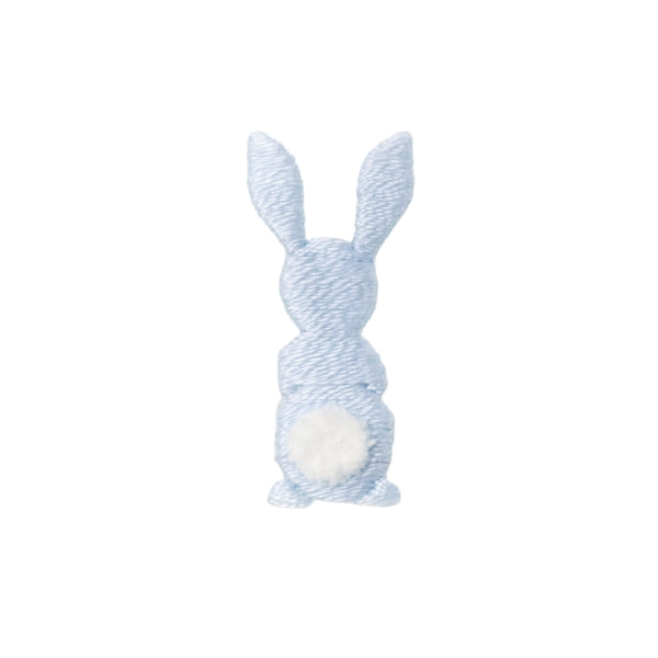Close up photo of hand embroidered blue bunny on white background