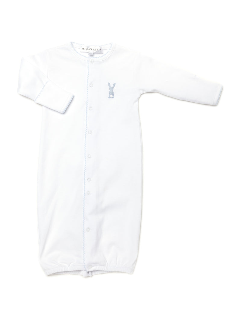 White baby Pima cotton converter gown with a small blue hand embroidered bunny design on a white background