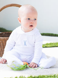 French Knot Blue Bunny Collared Pima Footie | White/Lt Blue