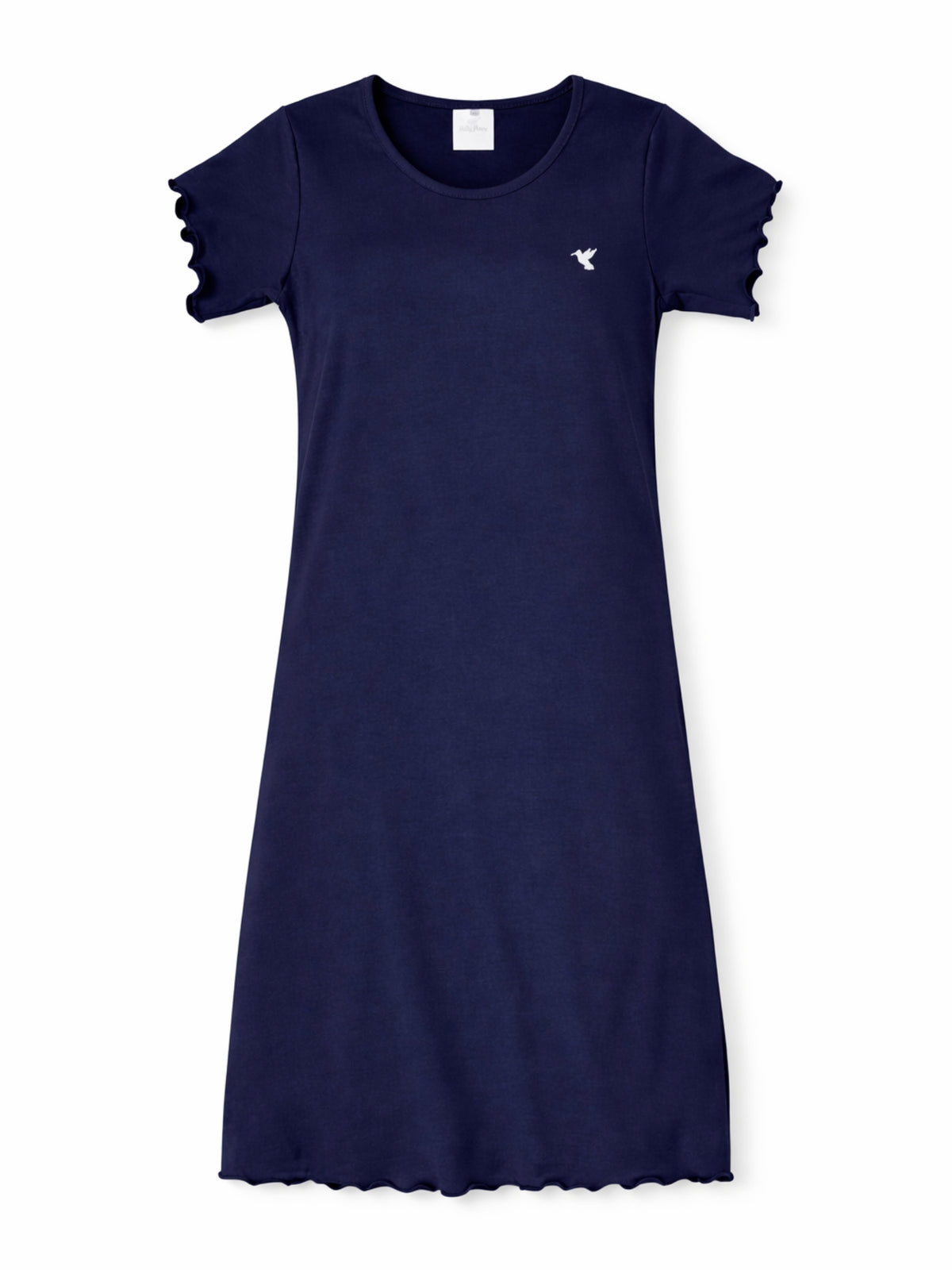 Navy midi short sleeve nightgown  with lettuce ruffle sleeves and hem on a white background