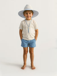 Kids White Sun Hat | Blue Striped Underbrim