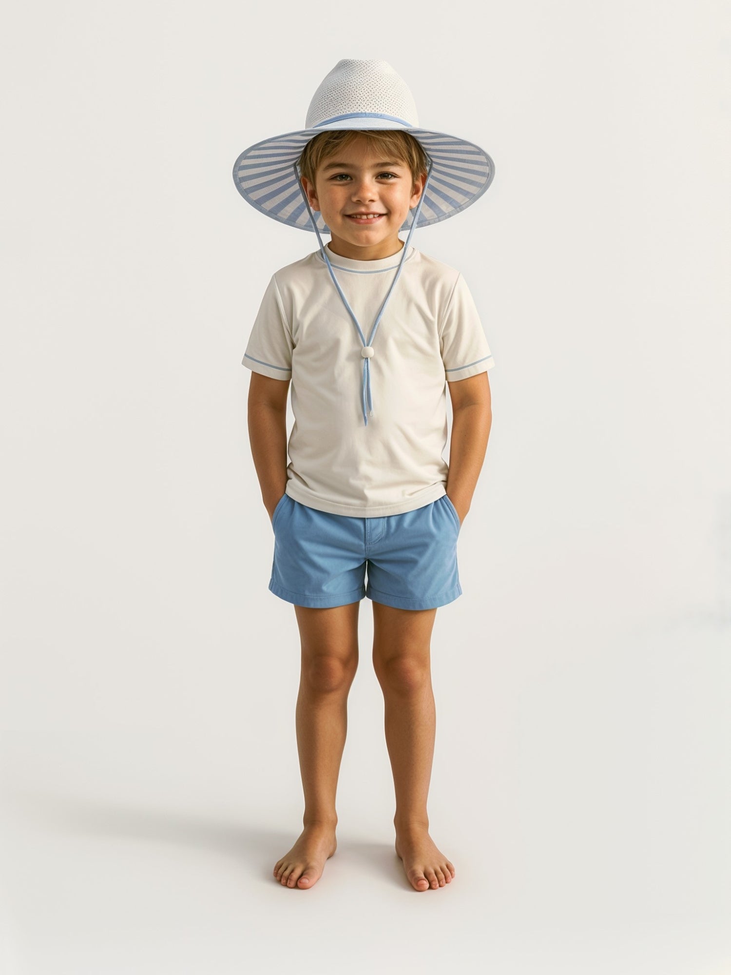 Kids White Sun Hat | Blue Striped Underbrim