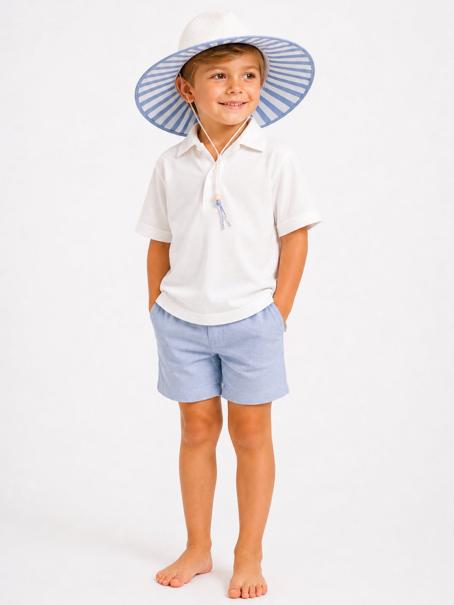 Kids White Sun Hat | Blue Striped Underbrim