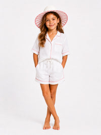 Girls White Sun Hat | Pink Striped Underbrim