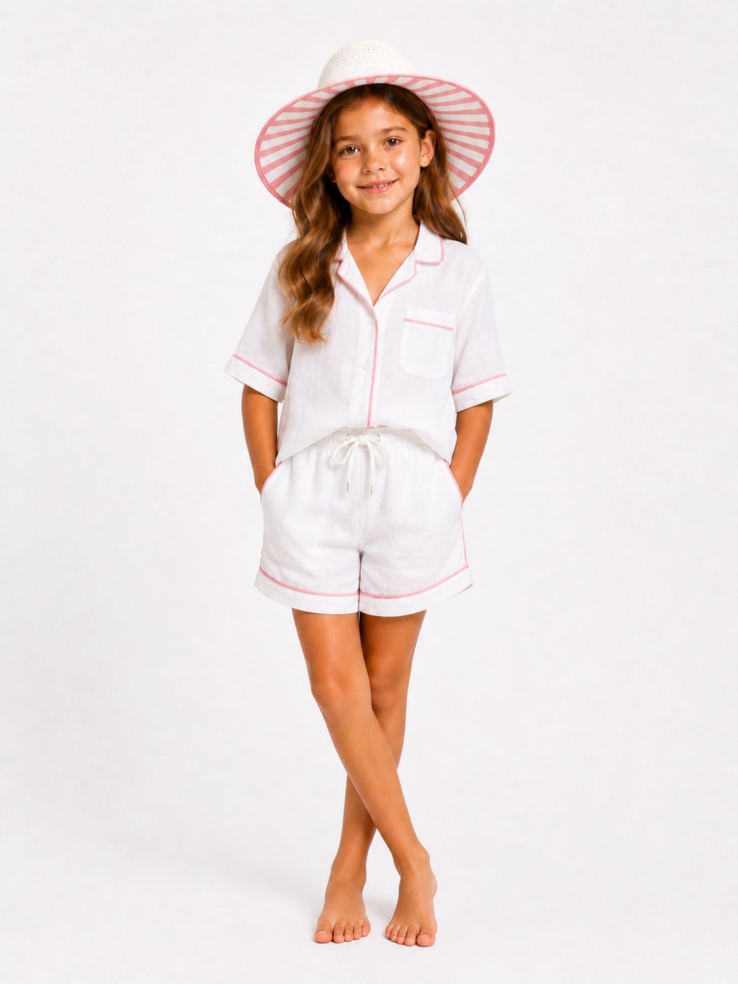Girls White Sun Hat | Pink Striped Underbrim