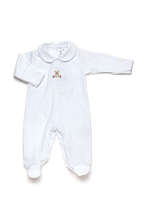 Blue Teddy Bear Pima Collared Footie | White/Lt Blue