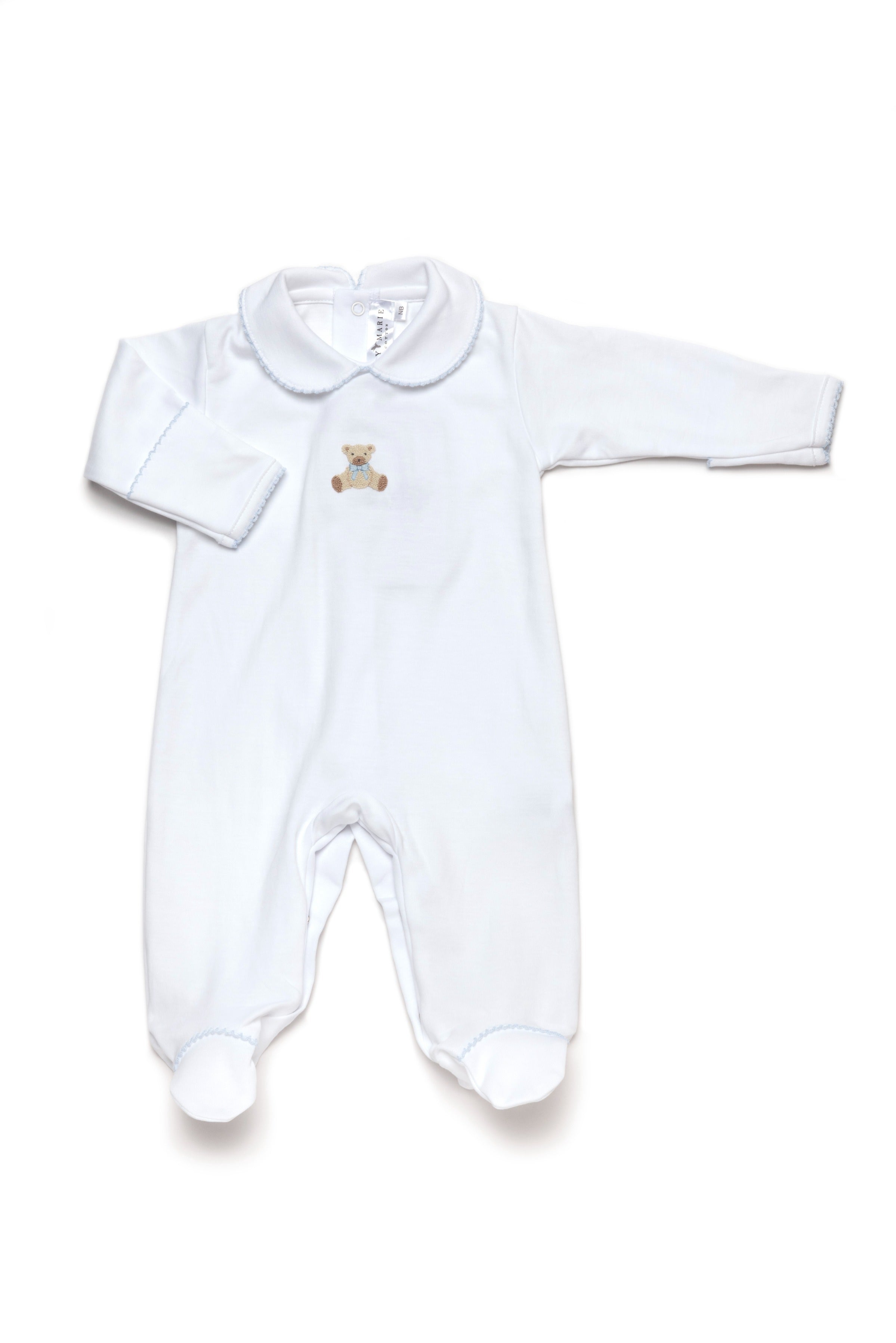 Blue Teddy Bear Pima Collared Footie | White/Lt Blue