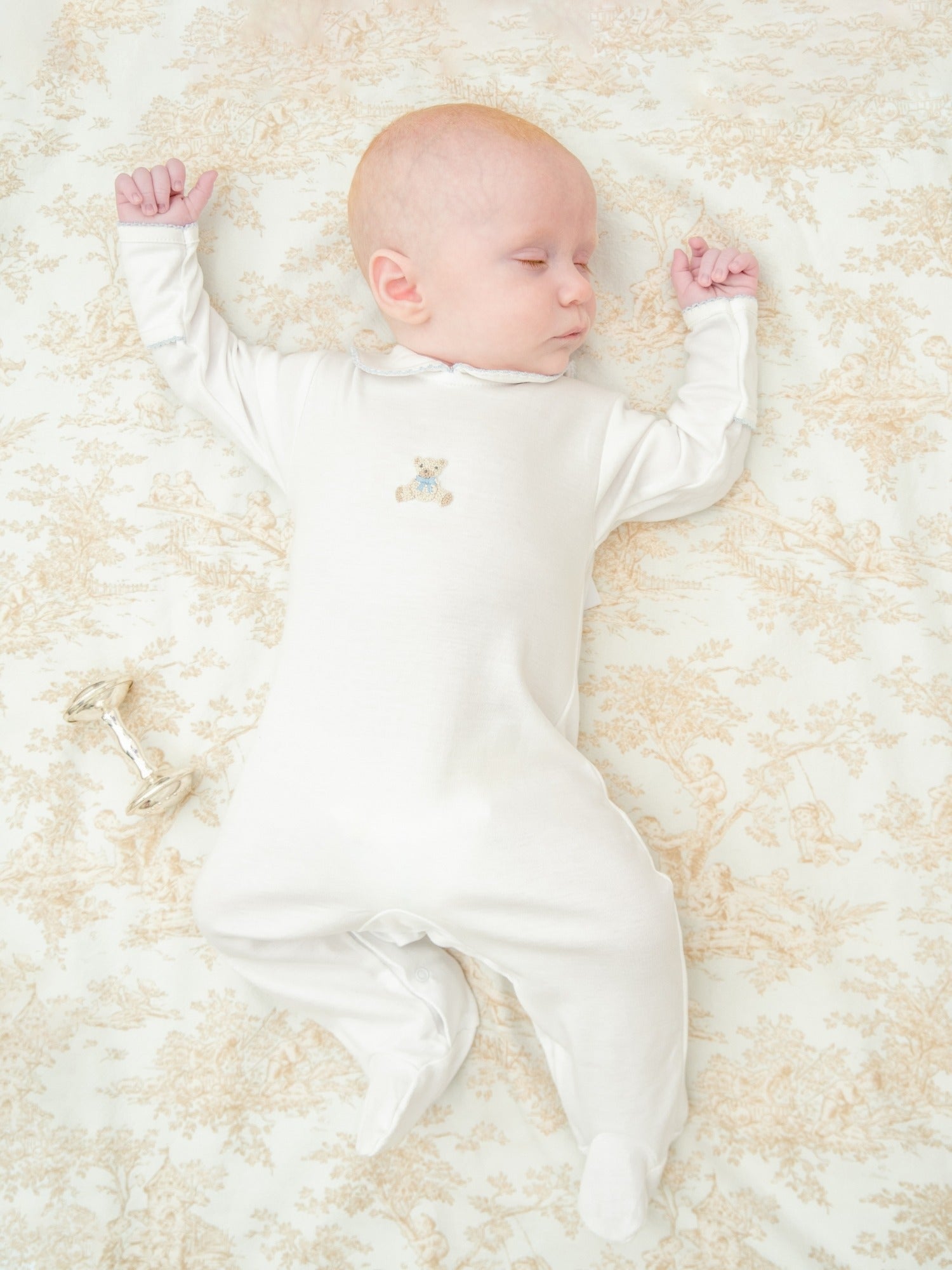 Blue Teddy Bear Pima Collared Footie | White/Lt Blue
