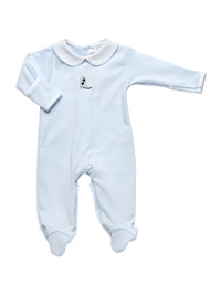 Light blue baby footie with hand embroidered cowboy boot with white collar on a white background