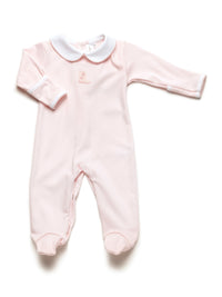 Pink baby footie with hand embroidered pink cowboy boot white collar on a white background