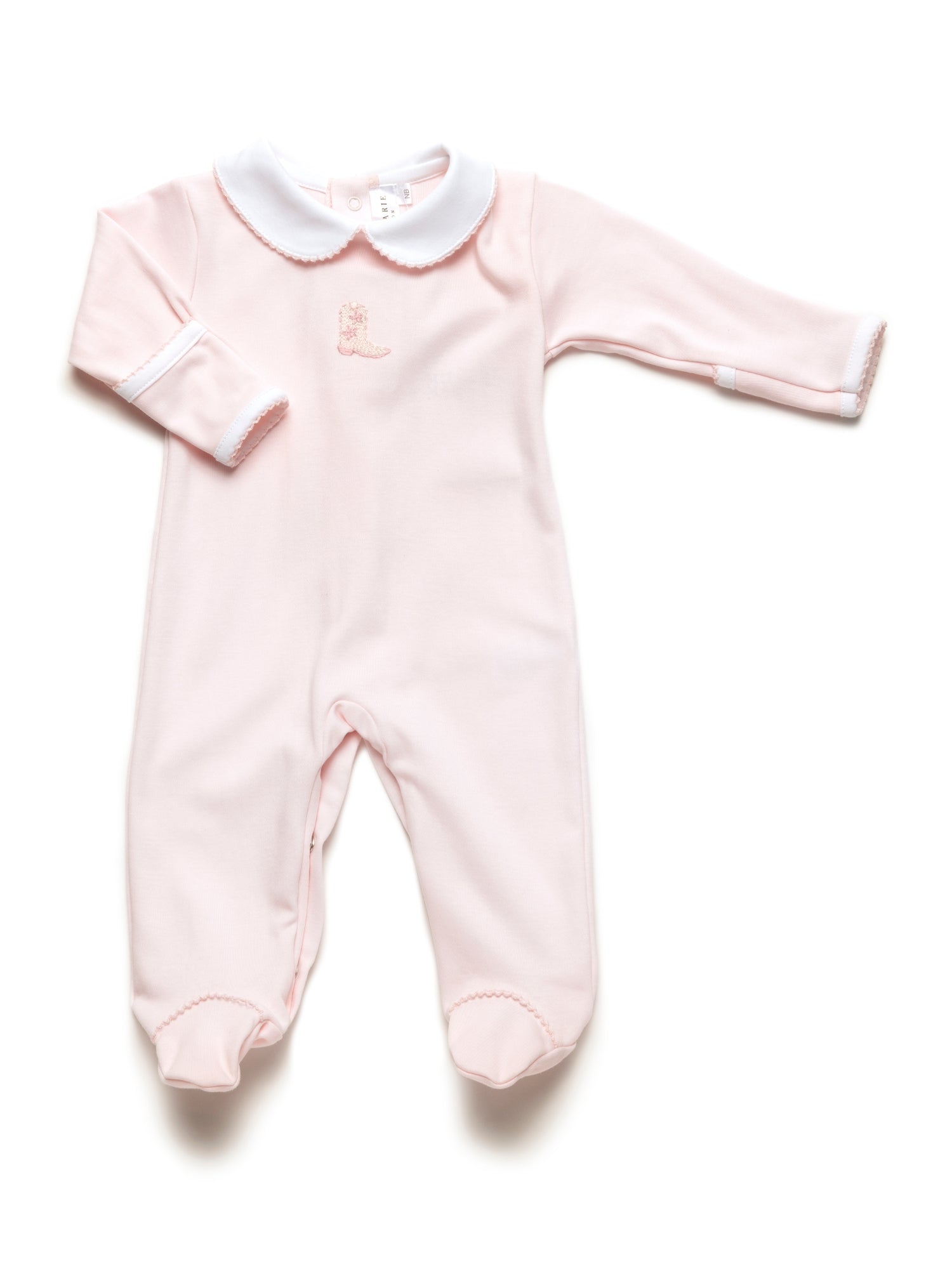 Pink baby footie with hand embroidered pink cowboy boot white collar on a white background