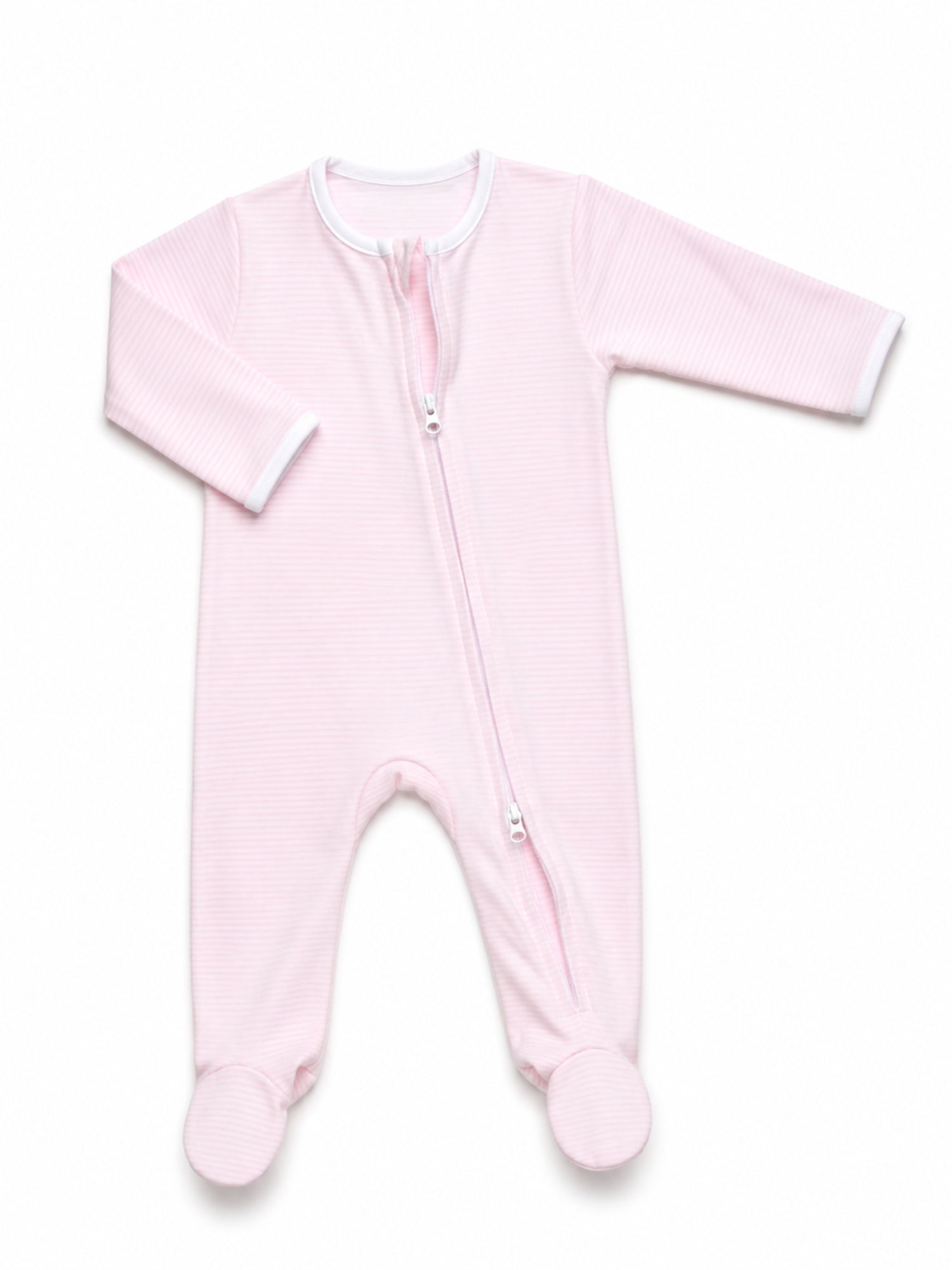 Two Way Zip Striped Footie Pajama | Lt Pink Mini Stripe