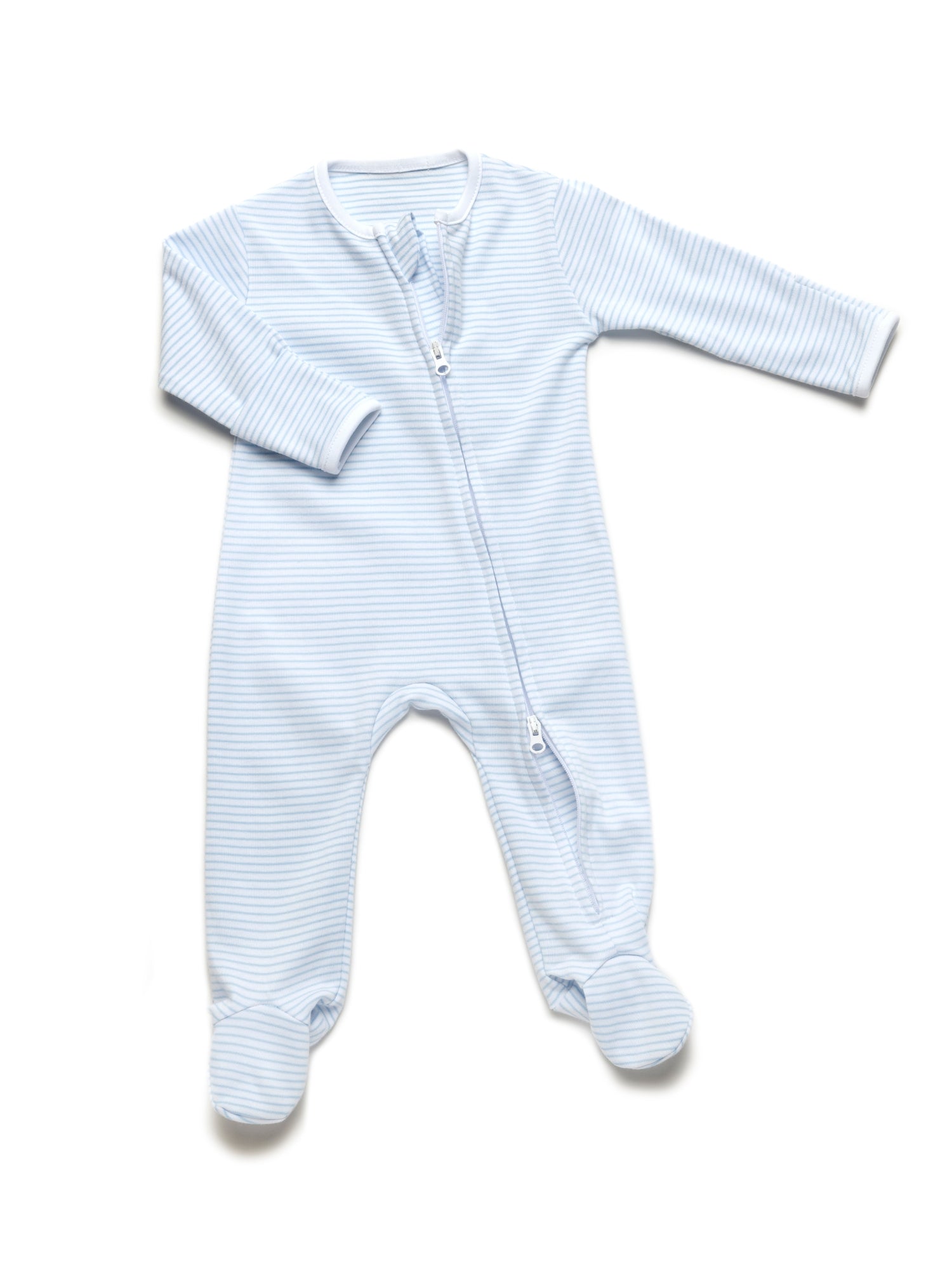 Two Way Zip Striped Footie Pajama | Lt Blue Stripe