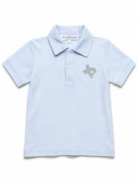 Milly Marie boys’ light blue and white striped polo shirt with hand-embroidered Texas and heart detail