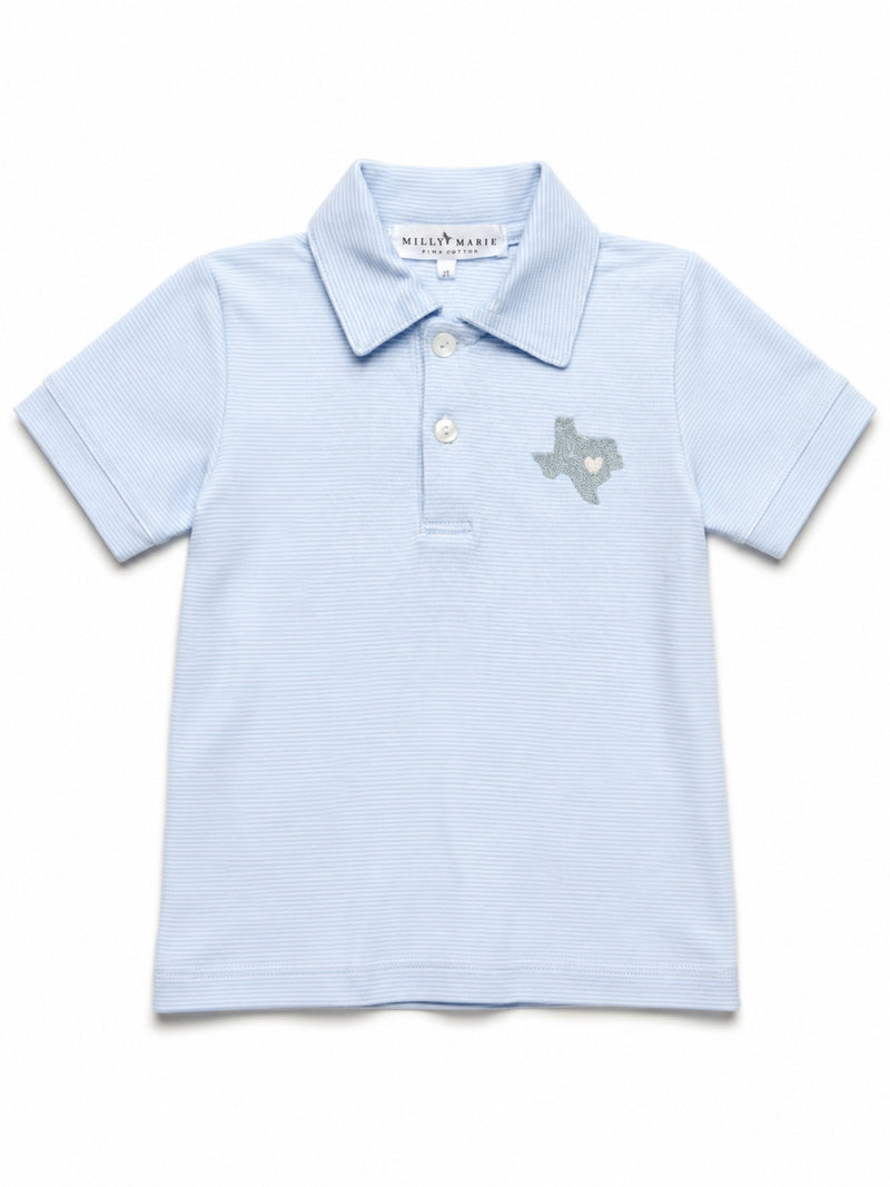Milly Marie boys’ light blue and white striped polo shirt with hand-embroidered Texas and heart detail