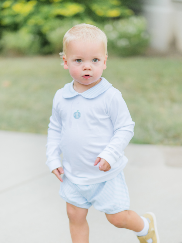 toddler boy wearing French knot pumpkin pima cotton bloomer set hand embroidery