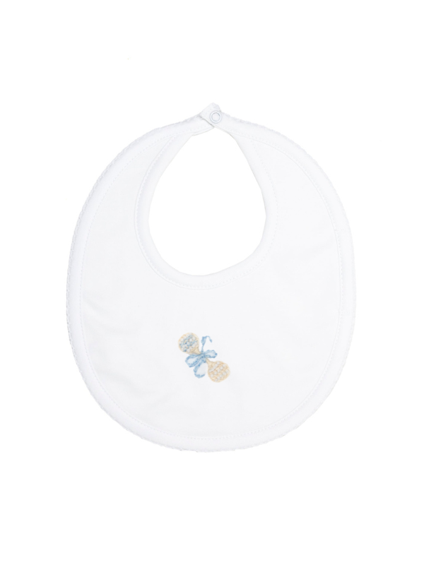 Blue Heirloom Rattle Pima Bib | White