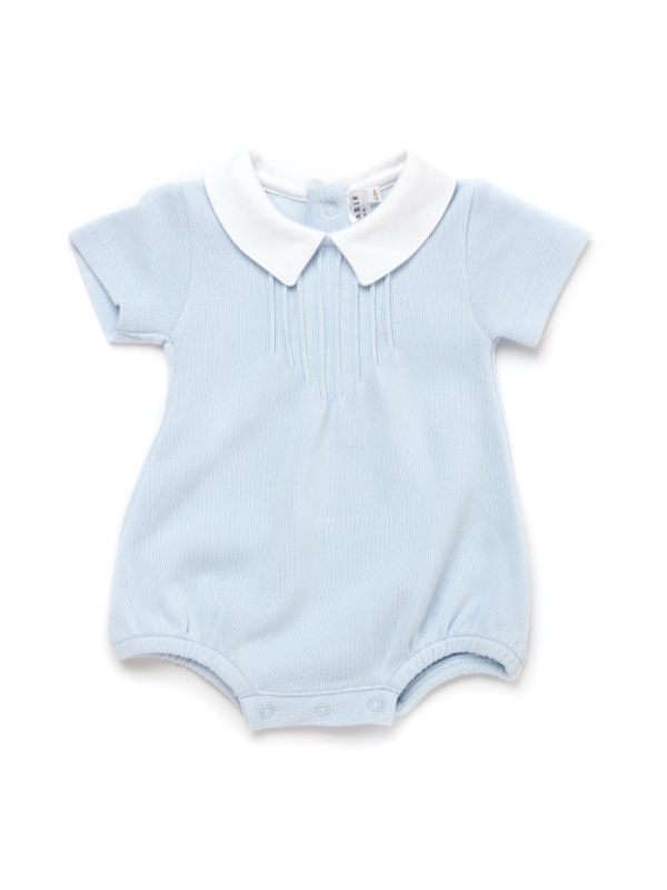 blue short sleeve baby bubble with pointed collar 