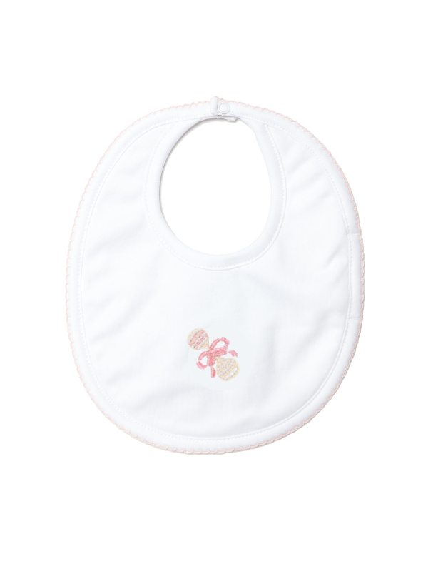 Pink Heirloom Rattle Pima Baby Bib | White