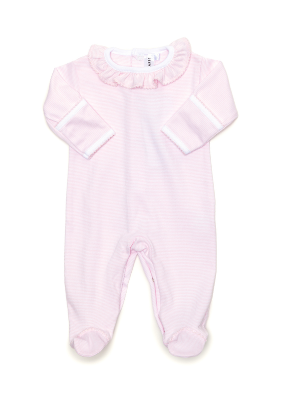 Ruffled Collar Pima Cotton Footie | Lt Pink Mini Stripe
