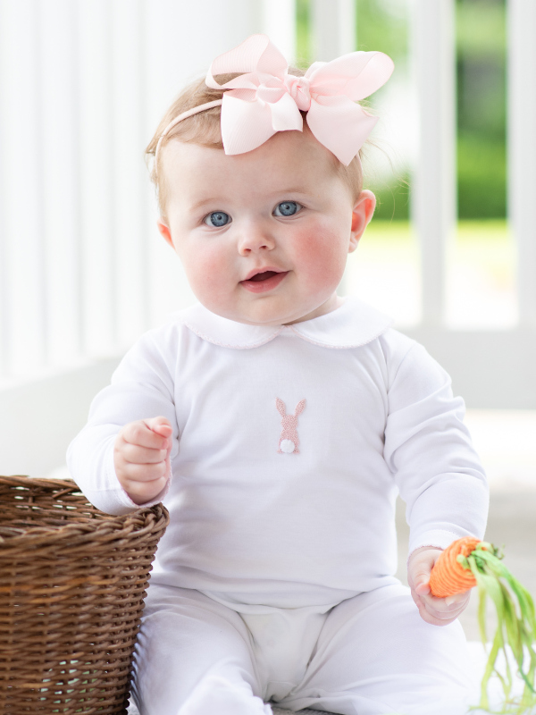 French Knot Pink Bunny Collared Pima Footie | White/Lt Pink