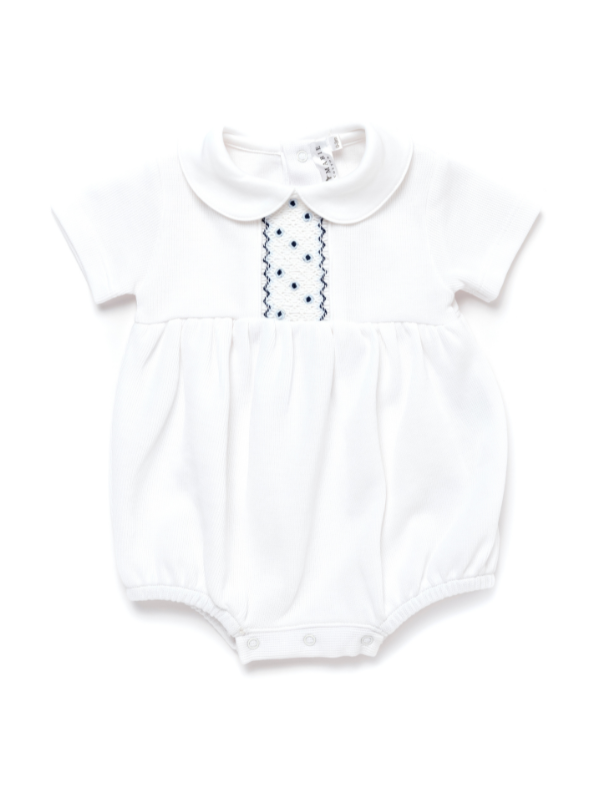 Oliver Hand Smocked Special Knit Bubble | White/Lt Blue