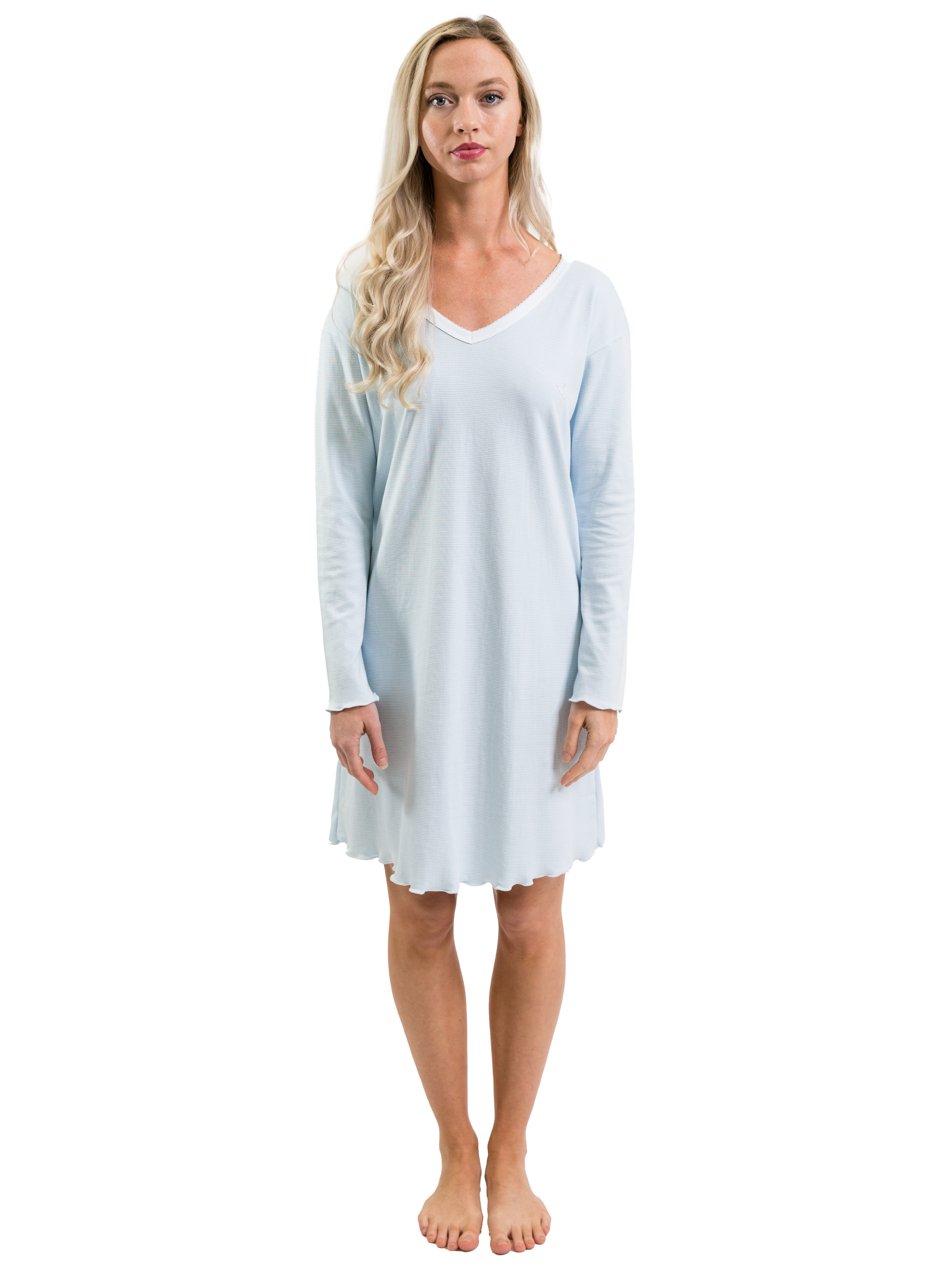 Ms. Helen Long Sleeve Pima Cotton Nightgown | Blue Mini Stripe