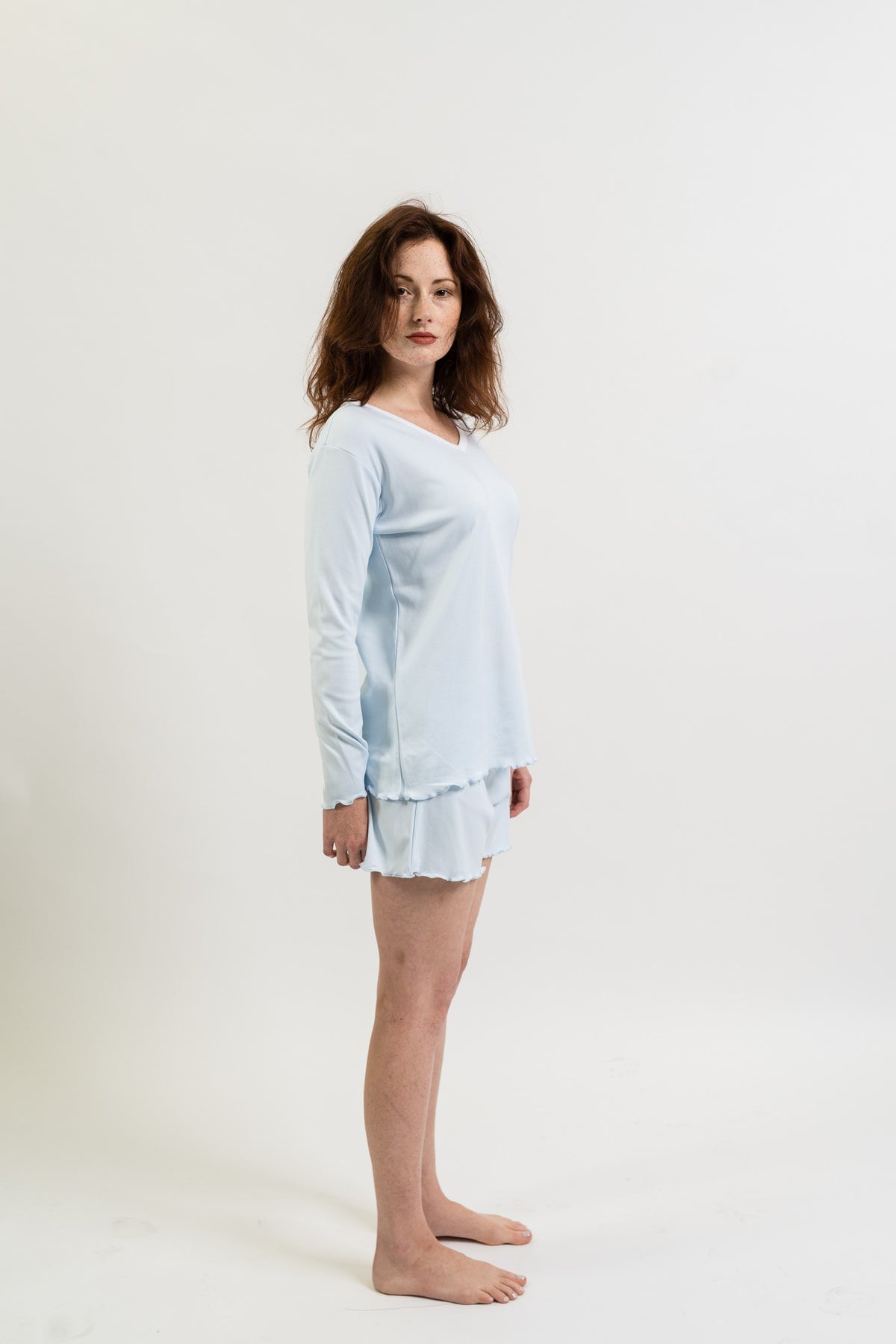 Women's Pima Long Sleeve Short Set in Light Blue