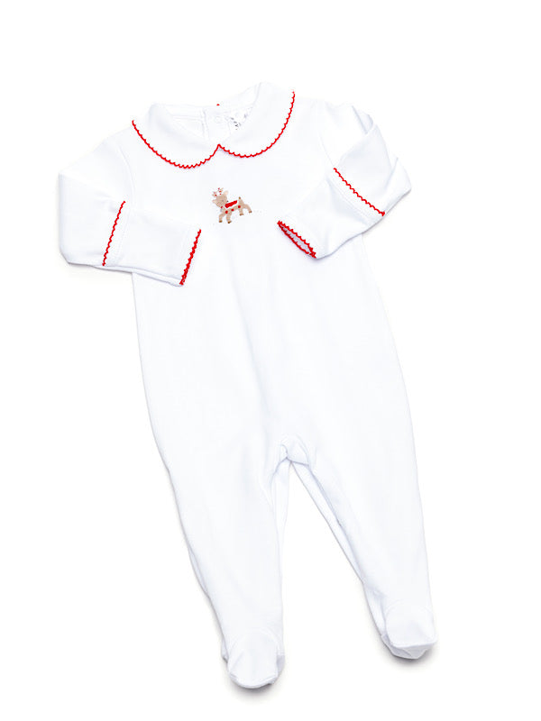 White Pima Cotton Footie with hand embroidered reindeer red picot trim